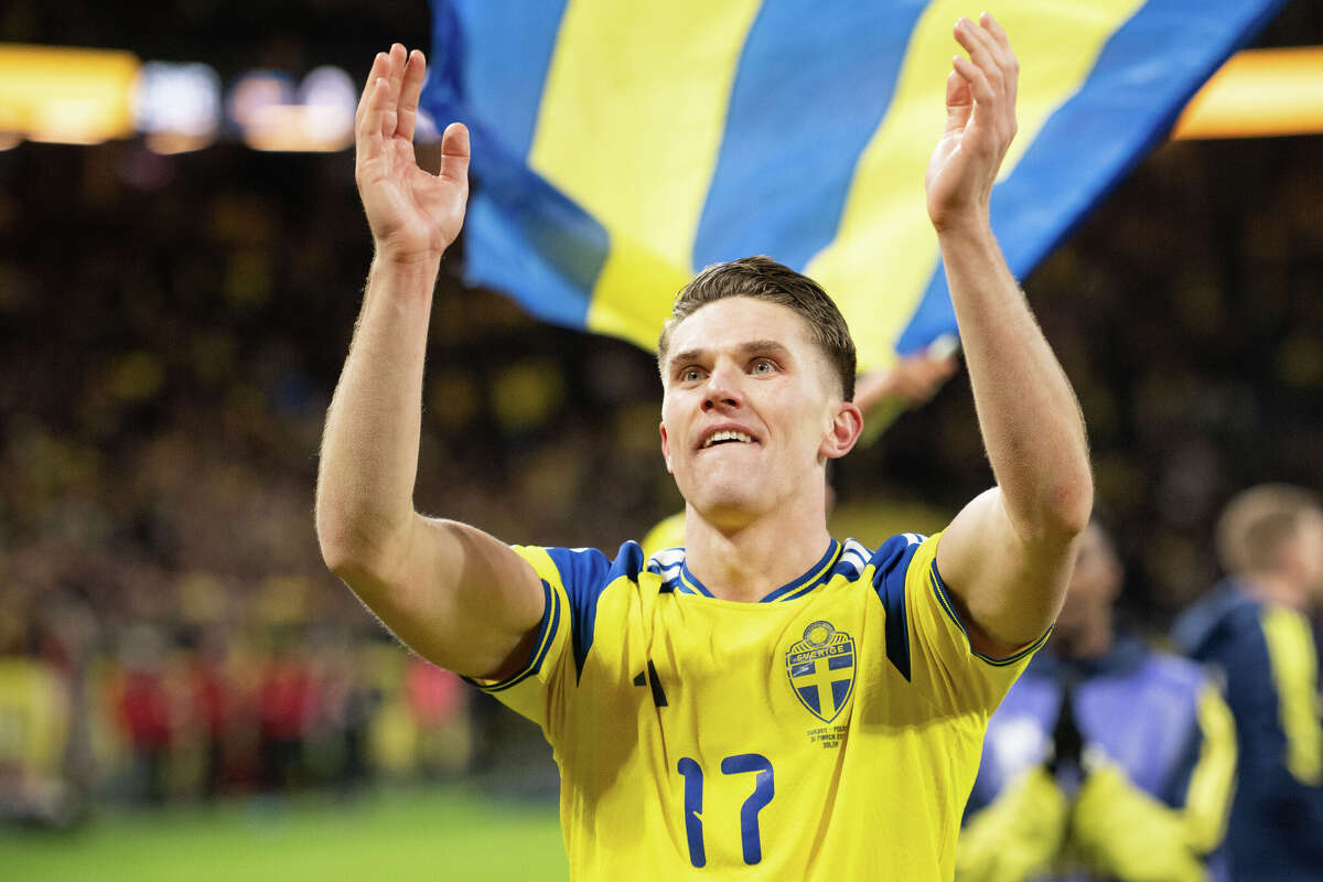 Viktor Gyökeres of Sweden celebrates victory during the FIFA World Cup 2026 European Qualifiers playoffs. Sweden and Czechia will be hosted by two North Texas suburbs for their base camps this summer. 