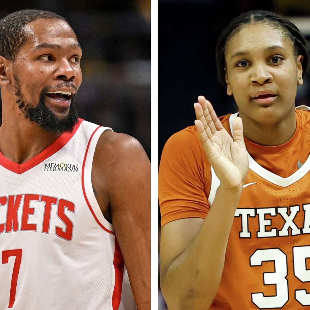 The Houston Rockets' Kevin Durant and Texas Longhorns' Madison Booker are partnered through Nike but also have developed a friendship around basketball as two players with similar games and experiences at the University of Texas.