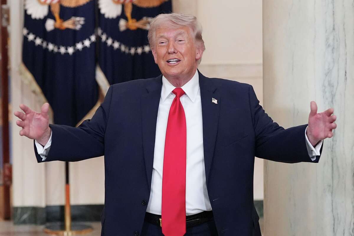 President Donald Trump gestures after speaking about the Iran war from the Cross Hall of the White House on Wednesday, April 1, 2026, in Washington.