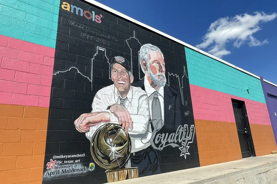 Gregg Popovich mural at Amols' by artists Michael Sanchez and J.C. Gomez-Molina.