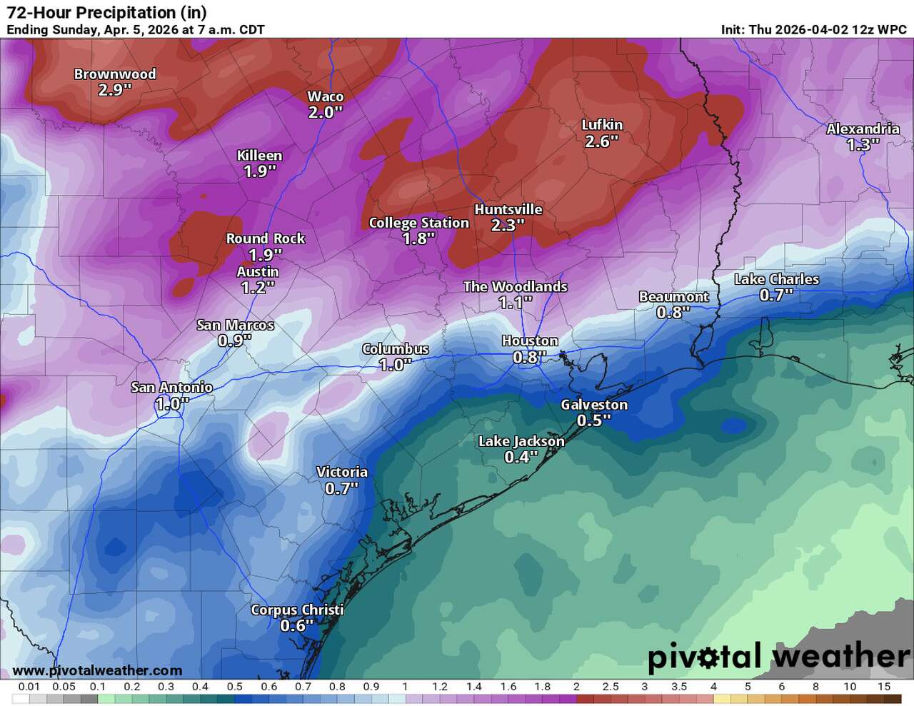 Southeast Texas, shown here, could see between a half inch to more than 2 inches of rain through the Easter weekend. Much of that will fall late Saturday into early Sunday morning.