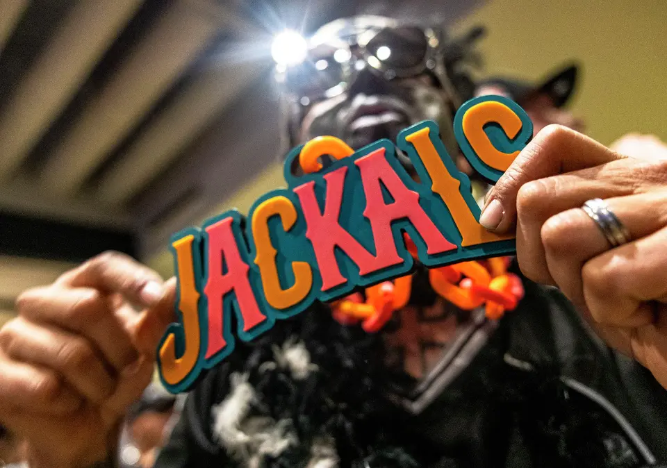 Kat Morin, also known as “Kat Von Jackal,” shows her chain during a home game at Frost Bank Center Thursday, March 12, 2026, in San Antonio.