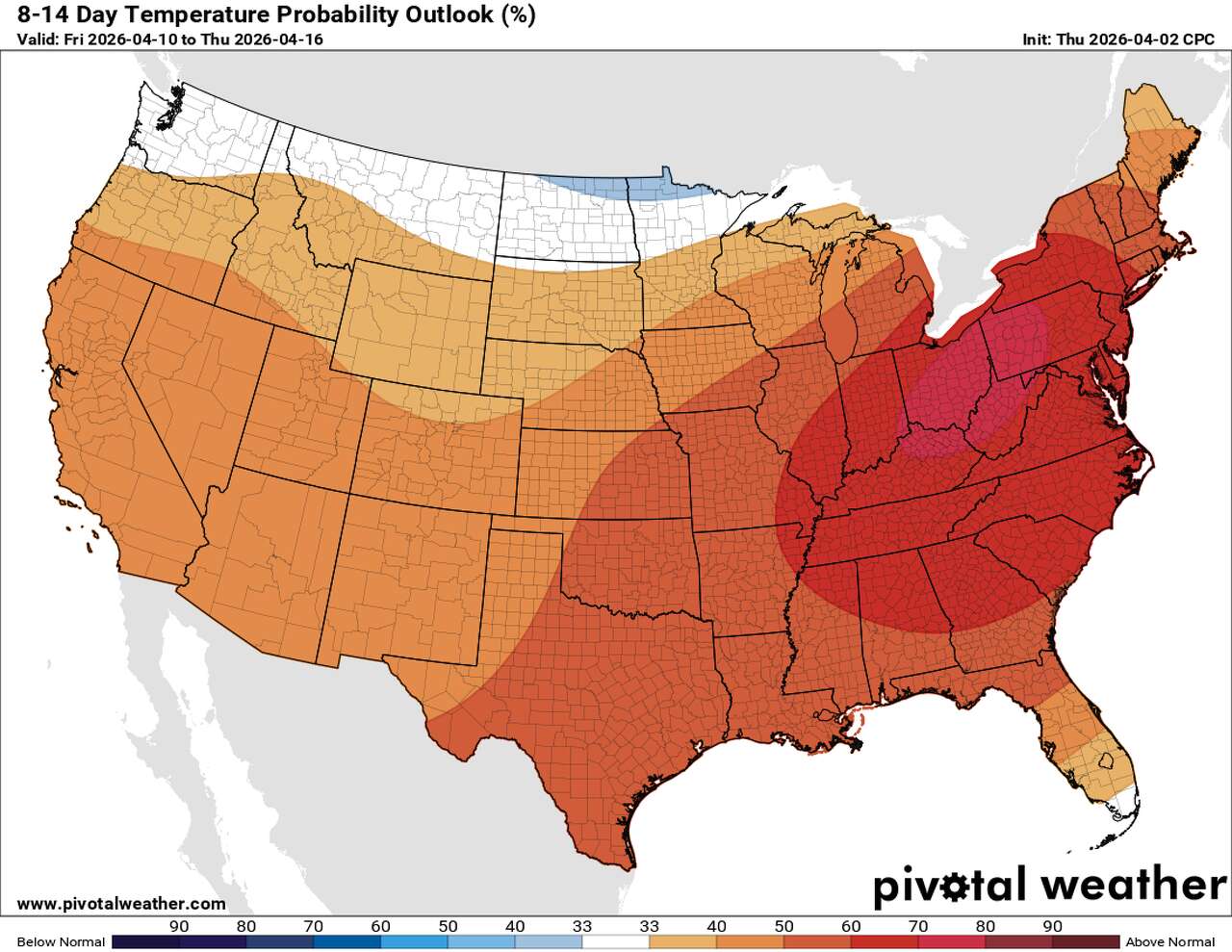 This map of the United States shows where NOAA's Climate Prediction Center expects above normal temperatures through mid-April.