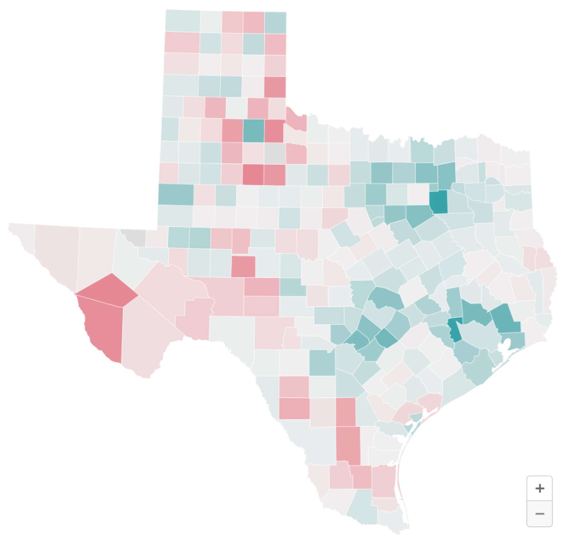 A map of Texas counties organized by population change between 2024 and 2025, with counties that experienced growth shaded in blue and those that experienced decline shaded in red, according to the U.S. Census Bureau's 2025 Vintage Population Estimates. 