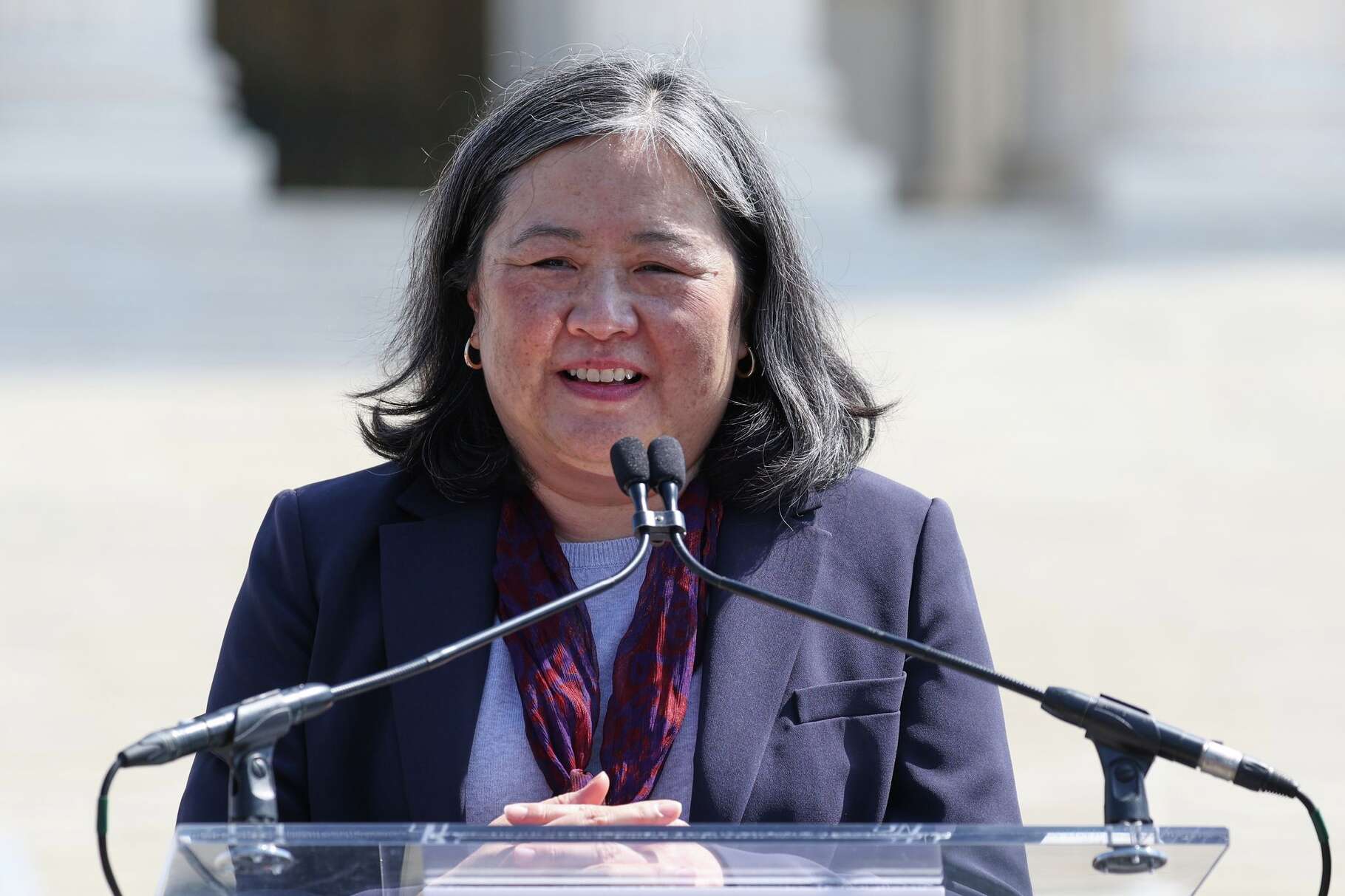 ACLU legal director Cecillia Wang speaks outside the U.S. Supreme Court after justices heard oral arguments on whether President Donald Trump can deny citizenship to children born to parents who are in the United States illegally or temporarily, on Capitol Hill in Washington, Wednesday, April 1, 2026. (AP Photo/Tom Brenner)
