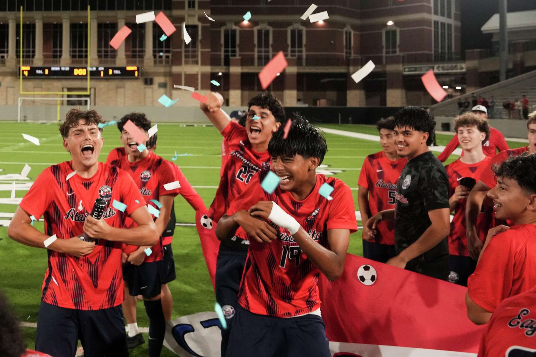 Atascocita celebrate after the team's Class 6A boy UIL state semifinal win over Cibolo Steele to advance to the championship match at Cy-Fair FCU Stadium, Friday, April 3, 2026, in Cy-Fair.
