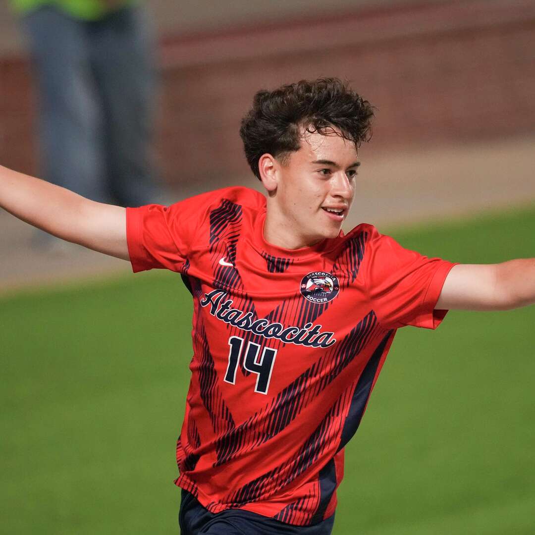 Atascocita's Adrian Ramirez (14) reacts after scoring a goal during the first half of a Class 6A boys UIL state semifinal match at Cy-Fair FCU Stadium, Friday, April 3, 2026, in Cy-Fair.