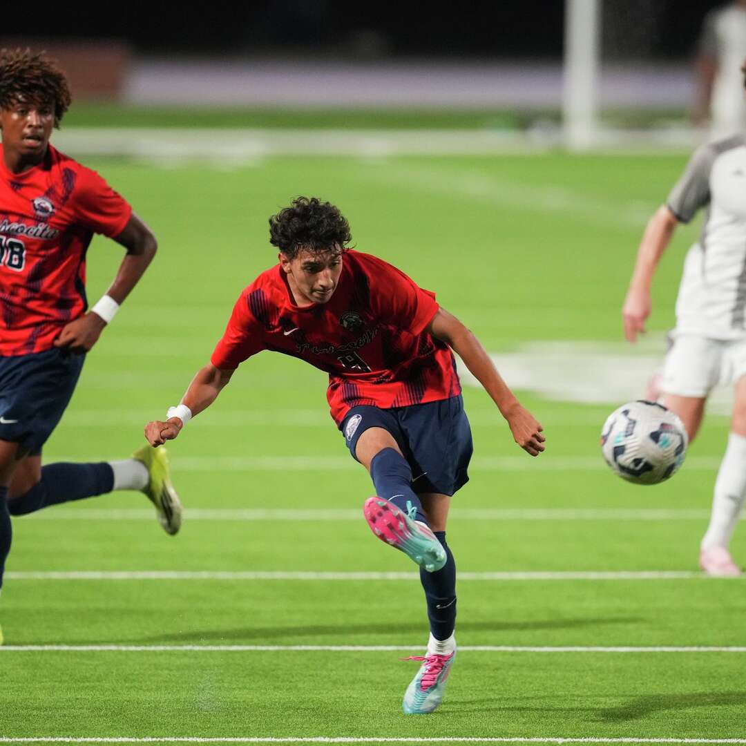 Atascocita's Julian Sanchez (9) takes a shot on goal during the second half of a Class 6A boys UIL state semifinal match at Cy-Fair FCU Stadium, Friday, April 3, 2026, in Cy-Fair.