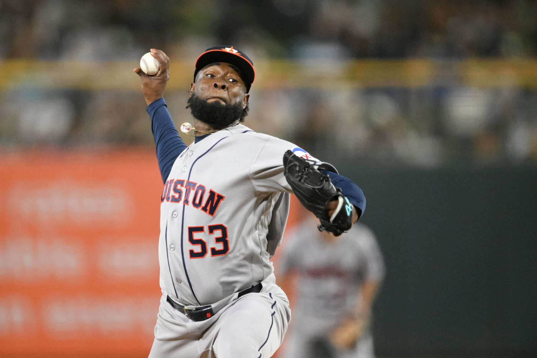 Cristian Javier of the Houston Astros pitches during the game between the Houston Astros and the Athletics at Sutter Health Park on Friday, April 3, 2026 in Sacramento, California.