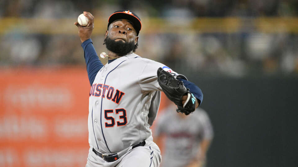 Cristian Javier of the Houston Astros pitches during the game between the Houston Astros and the Athletics at Sutter Health Park on Friday, April 3, 2026 in Sacramento, California.