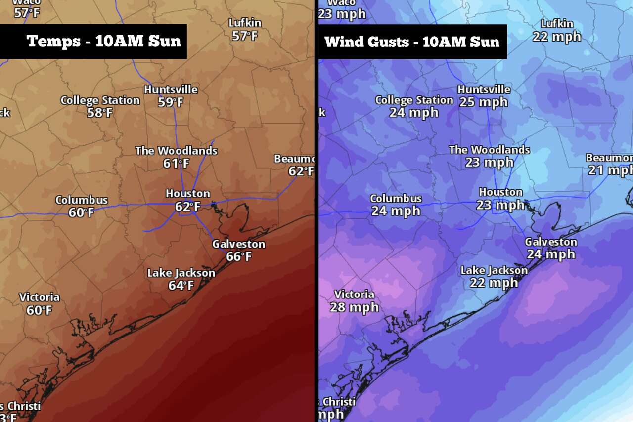 Shown are the expected temperatures (left) and wind gusts (right) at 10 a.m. Sunday morning.