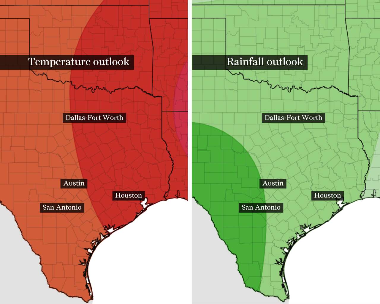 These two images show NOAA's Climate Prediction Center outlooks for temperature, at left, and precipitation, at right, through mid-April. Above normal temperatures (orange and red) and above normal rainfall (green) are expected through April 18.