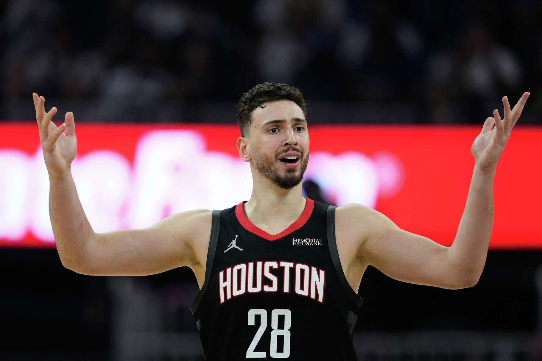 Houston Rockets center Alperen Sengun reacts during the first half of an NBA basketball game against the Golden State Warriors, Sunday, April 5, 2026, in San Francisco. (AP Photo/Godofredo A. Vásquez)