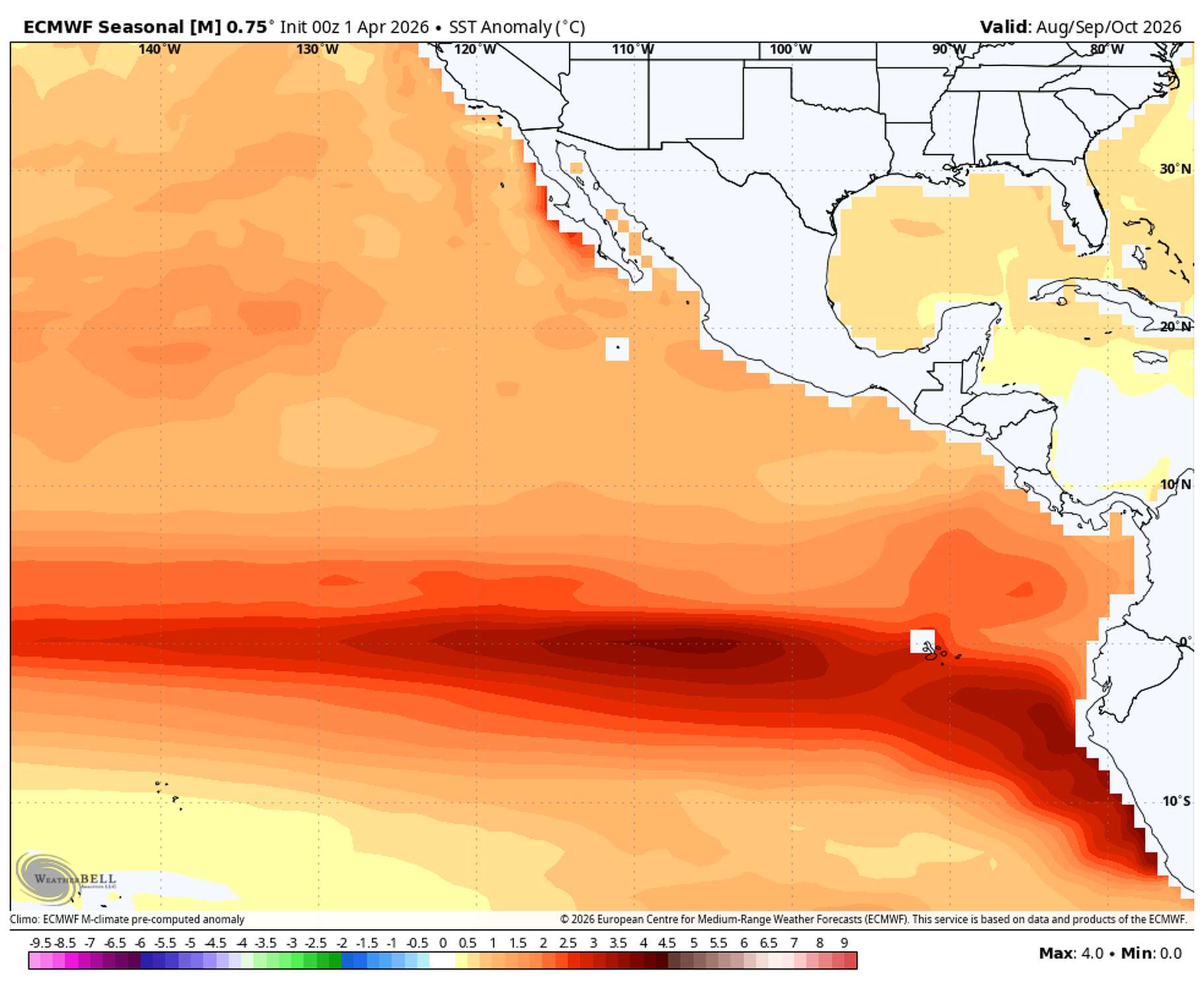 This map shows forecast sea surface temperatures compared to normal across the central and eastern Pacific for August through October 2026. European model guidance indicates warming consistent with the development of El Niño.
