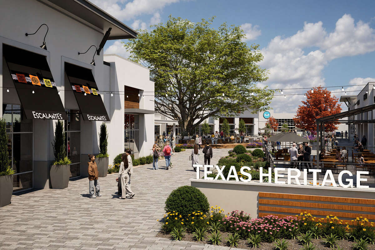 A rendering showing escalante's Tex-Mex restaurant in front of a planned green space in Heritage Grove, a new section coming to the Texas Heritage Marketplace development in Katy.