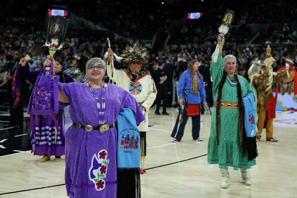 Members of the United San Antonio Pow Wow committee perform during Native American Heritage Night at Frost Bank Center in San Antonio on Monday, April 6, 2026.