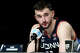 Alex Karaban #11 of the UConn Huskies looks on during the press conference after being defeated by the Michigan Wolverines 69-63 in the National Championship of the 2026 NCAA Men's Basketball Tournament at Lucas Oil Stadium on April 06, 2026 in Indianapolis, Indiana.