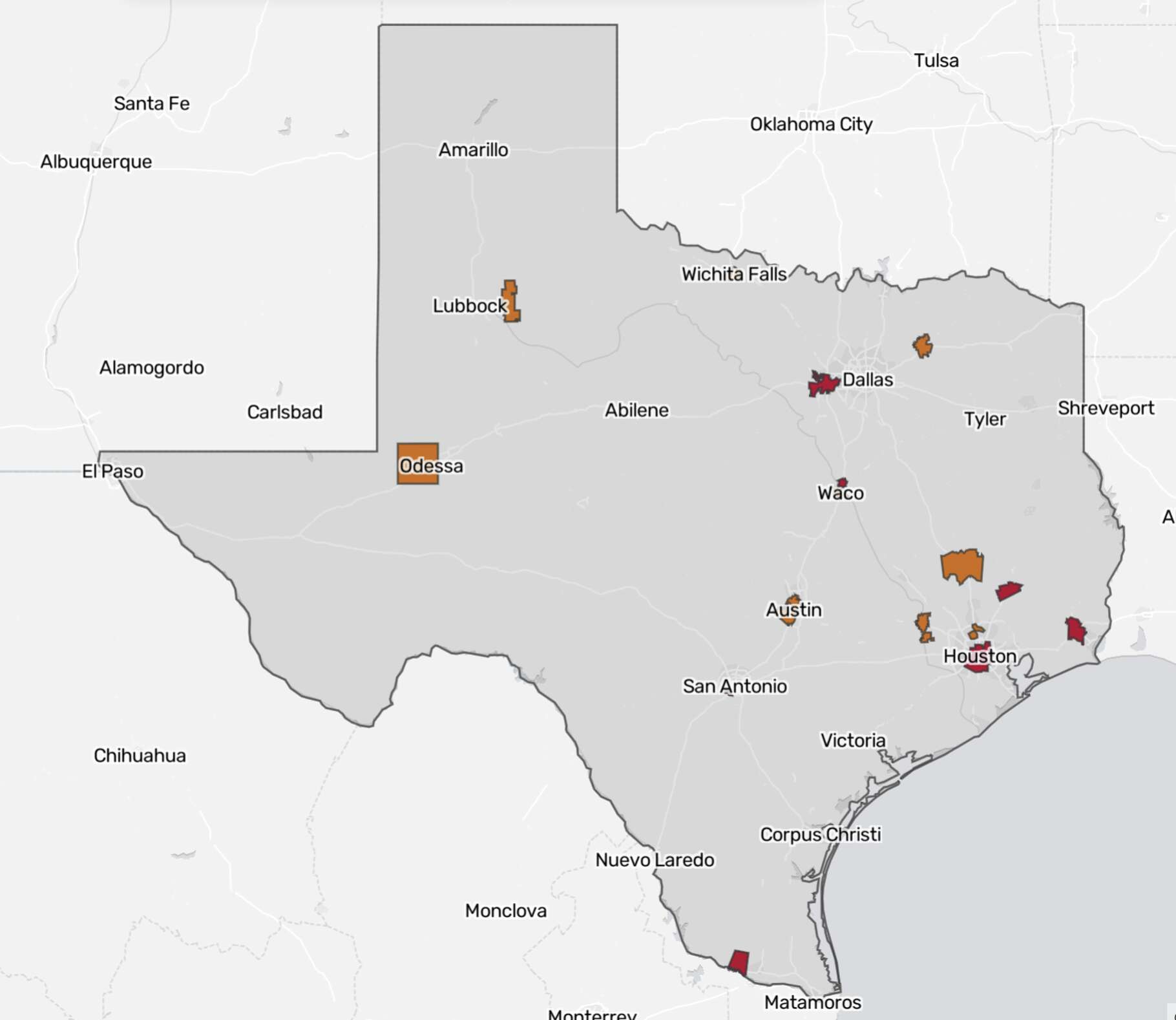 A map of which districts have been taken over by the Texas Education Agency or are at risk of state takeover.