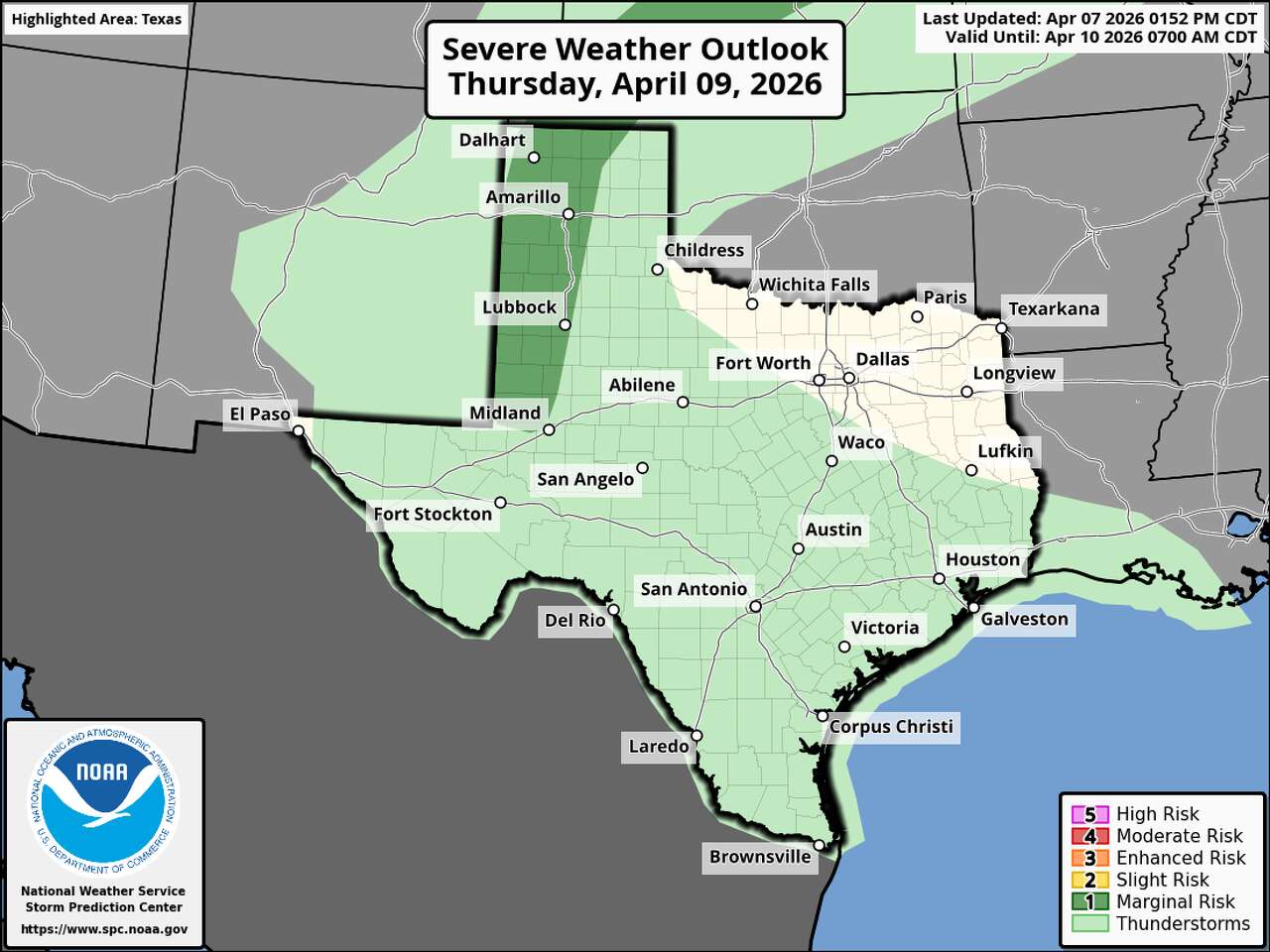 This map of Texas shows where storms Thursday could briefly turn severe in the Panhandle, according to NOAA's Storm Prediction Center. This image was captured Tuesday afternoon and may not reflect the latest forecast available.