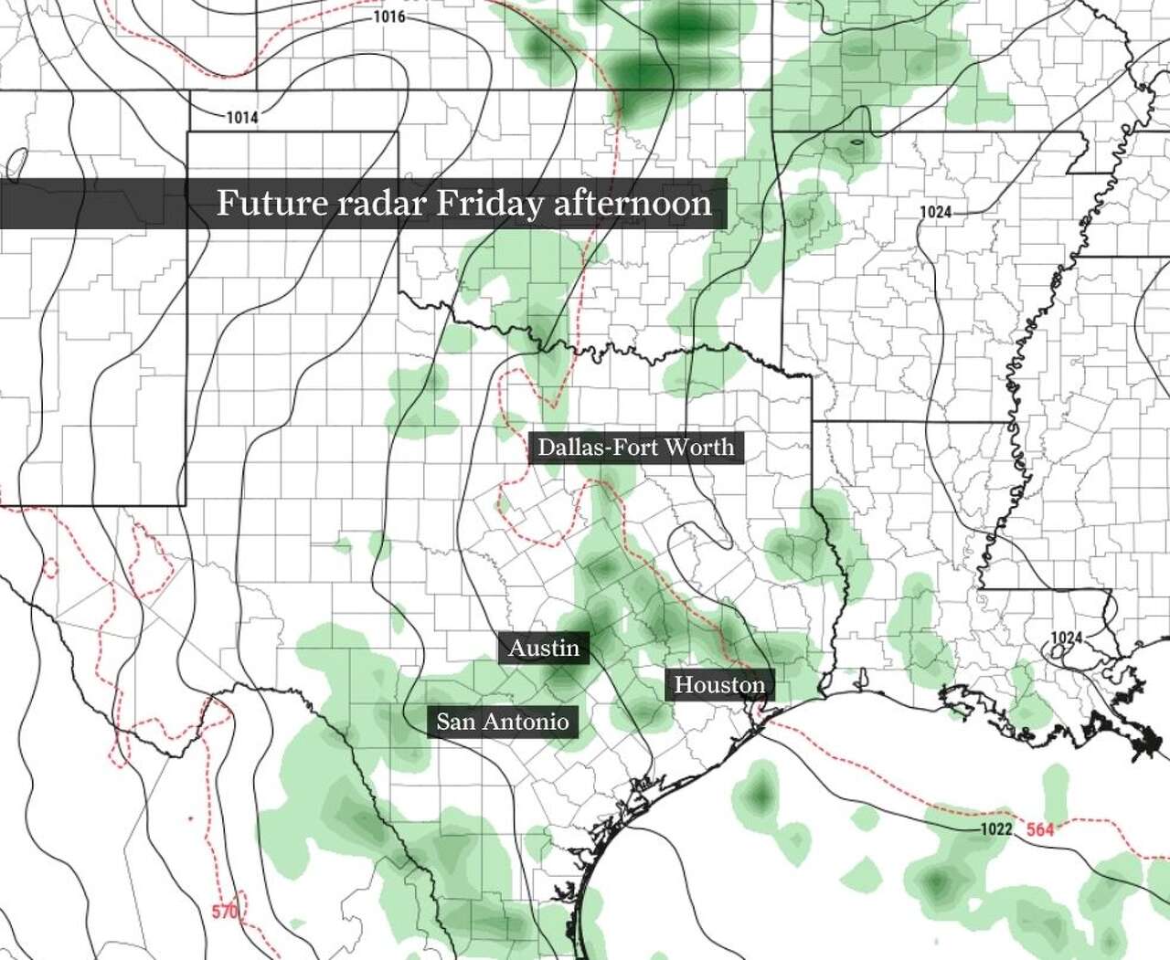 This map of Texas shows how future radar could look Friday afternoon. Scattered downpours are likely across Southeast Texas.