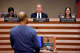 Frisco City Council member Angela Pelham (left), Mayor Jeff Cheney (center) and council member Laura Rummel (right) listen to people speak during a council meeting at the George A. Purefoy Municipal Center in Frisco, Feb. 3, 2026.