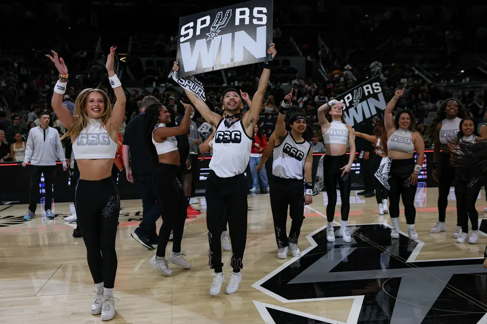 Members of the San Antonio Spurs Hype Squad cheer along with the crowd following the team’s 112-101 win over the Portland Trail Blazers at Frost Bank Center in San Antonio, Wednesday, April 8, 2026.