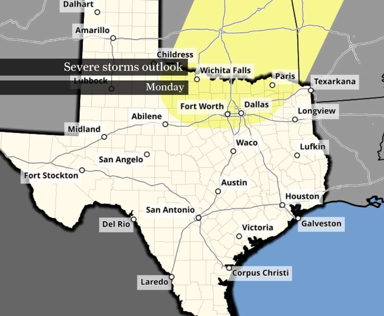 This map of Texas shows where the risk of severe storms is possible Monday (in yellow), according to NOAA's Storm Prediction Center.