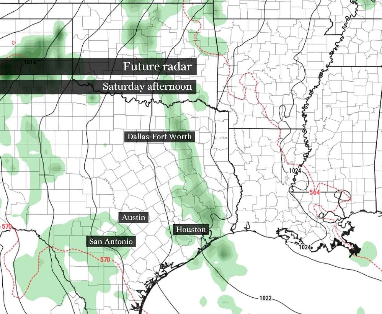 This map of Texas shows where showers or storms could develop Saturday afternoon. Mainly isolated to widely scattered downpours are expected