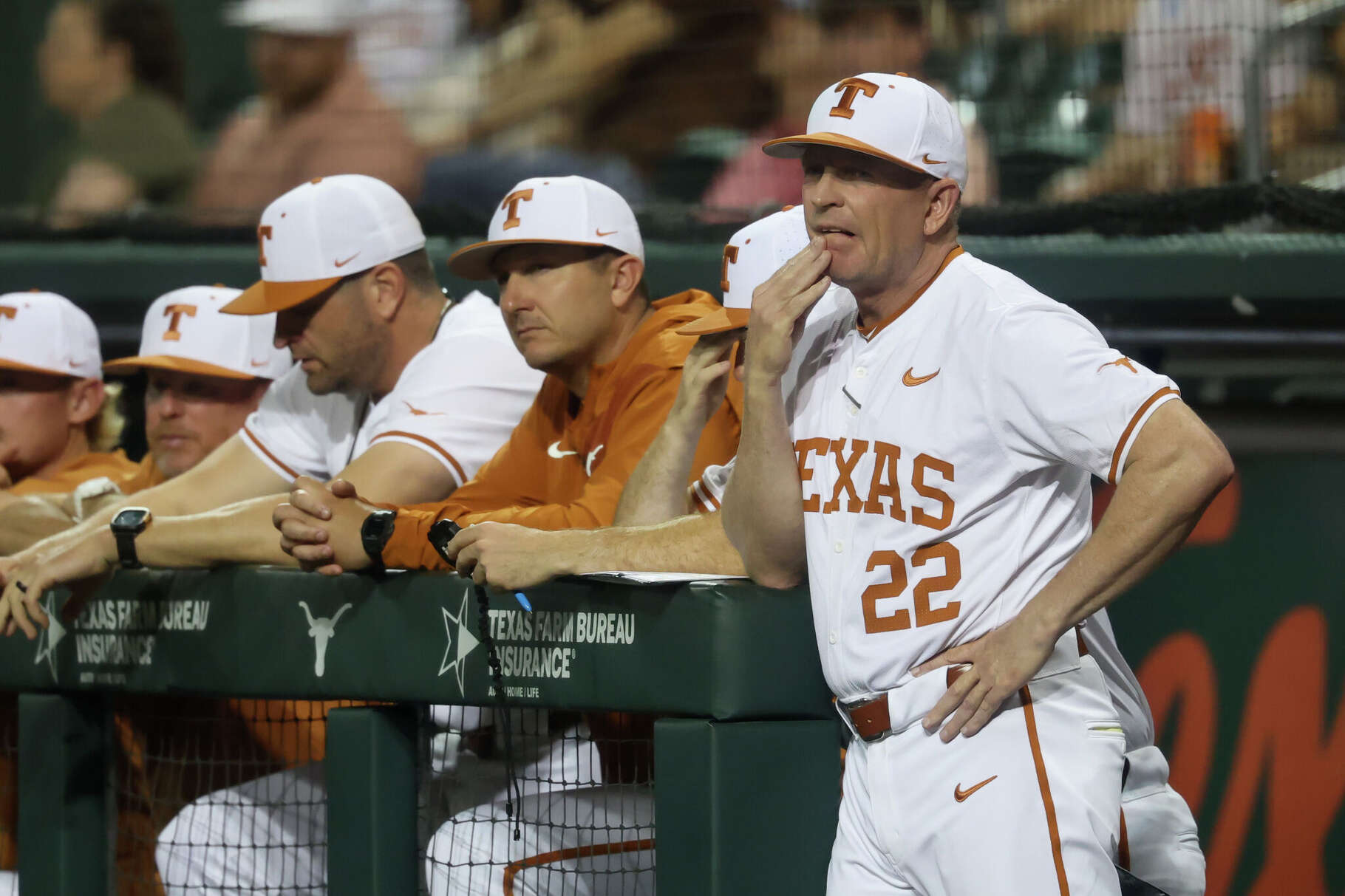 Head coach Jim Schlossnagle of the Texas Longhorns watches play during the college baseball game between Texas Longhorns and Texas State Bobcats on March 31, 2026, at UFCU Disch-Falk Field in Austin, Texas