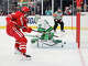 Ryan Botterill of the Wisconsin Badgers scores a goal against Jan Spunar of the North Dakota Fighting Hawks in the first period of a semifinal game of the NCAA Division I men's ice hockey championship at T-Mobile Arena on April 09, 2026 in Las Vegas, Nevada.