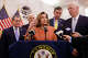 (From left) Ranking Member Joe Morelle (NY-25), Congressman Mark DeSaulnier (CA-10), Speaker Emerita Nancy Pelosi, Congressman Kevin MulIin (CA-15) and Congressman Mike Thompson (CA-04) hold a press conference following a “shadow hearing” on how House Democrats “will continue fighting to protect our democracy” with Speaker Emerita Nancy Pelosi inside the Baxter Appellate courtroom at UC Law San Francisco in San Francisco, California Thursday, April 9, 2026.