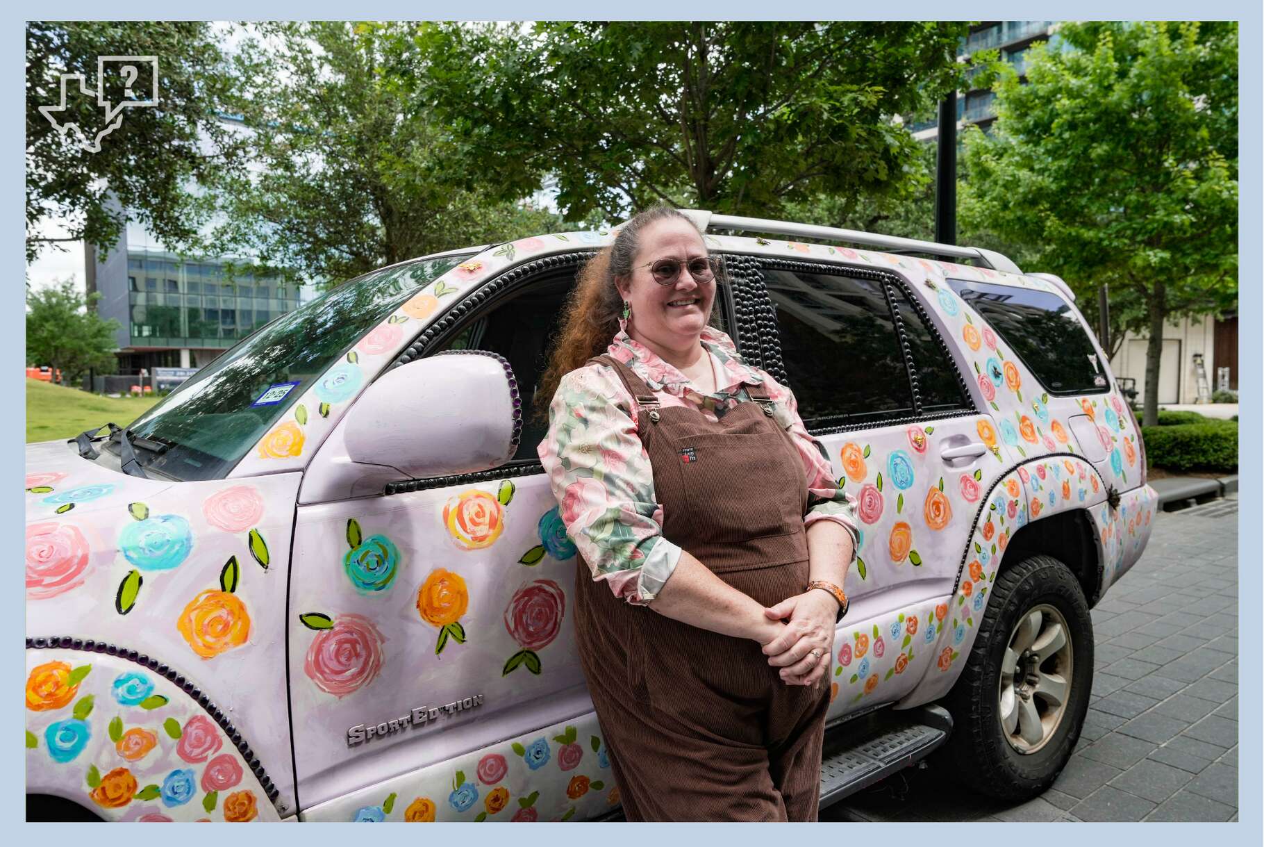 Becky Mustachio, an art car artist whose vehicle doubles as her daily driver, is photographed in front of her art car during Main Street Drag in Houston on Thursday, April 9, 2026.