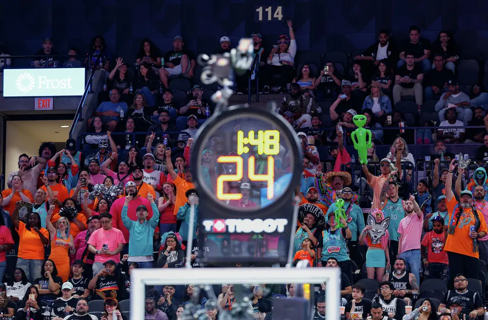 The Jackals cheer for San Antonio Spurs forward Victor Wembanyama (1) as he makes a free-throw against the Dallas Mavericks during an NBA game at Frost Bank Center in San Antonio, Friday, April 10, 2026. The Spurs won 139-120.