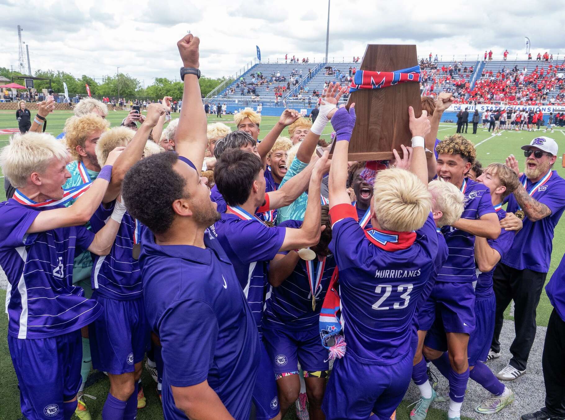 The Klein Cain Hurricanes react after defeating Humble Atascocita during the UIL boys soccer 6A division I state championship game in Georgetown, Saturday, April 11, 2026. Klein Cain won 1-0.