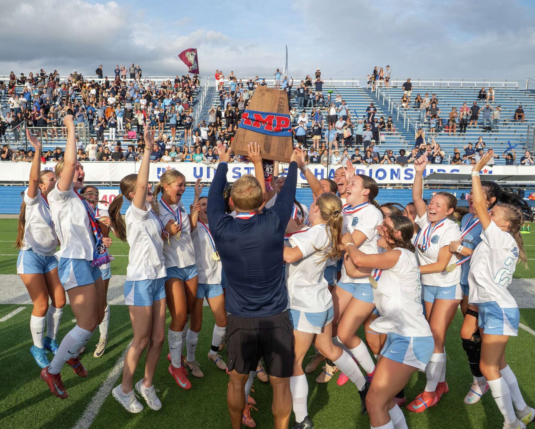 The Kingwood Mustangs react after defeating Forney during the UIL girls soccer 6A division II state championship game in Georgetown, Saturday, April 11, 2026. Kingwood won 4-2 after a penalty shootout.