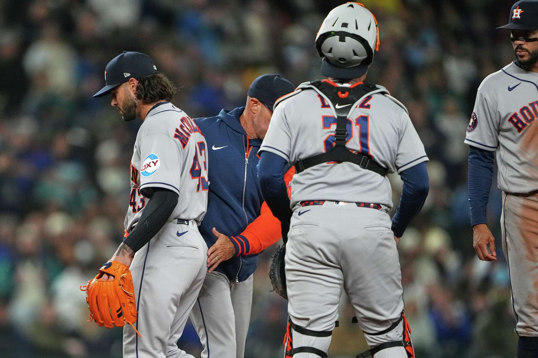 Houston Astros starting pitcher Lance McCullers Jr. is relieved from the fifth inning of a baseball game against the Seattle Mariners, Saturday, April 11, 2026, in Seattle. (AP Photo/Lindsey Wasson)