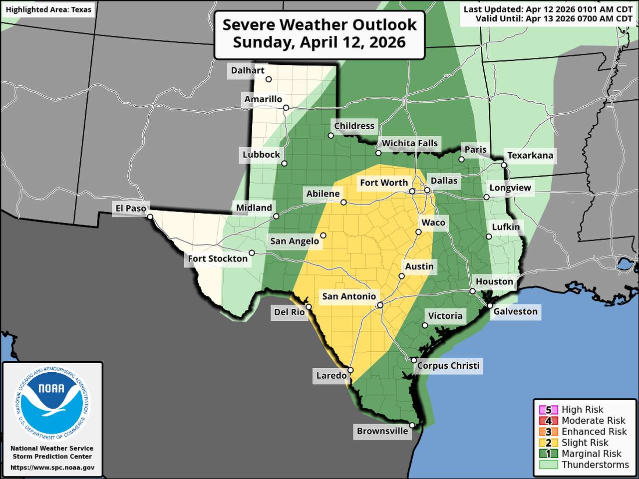 Much of Southeast Texas is under a Level 1 of 5 risk of severe thunderstorms on Sunday.