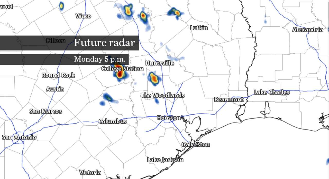 This image of Southeast Texas shows where storms could develop Monday afternoon and evening. Most neighborhoods stay dry Monday, though a few downpours could develop mainly north of Interstate 10.