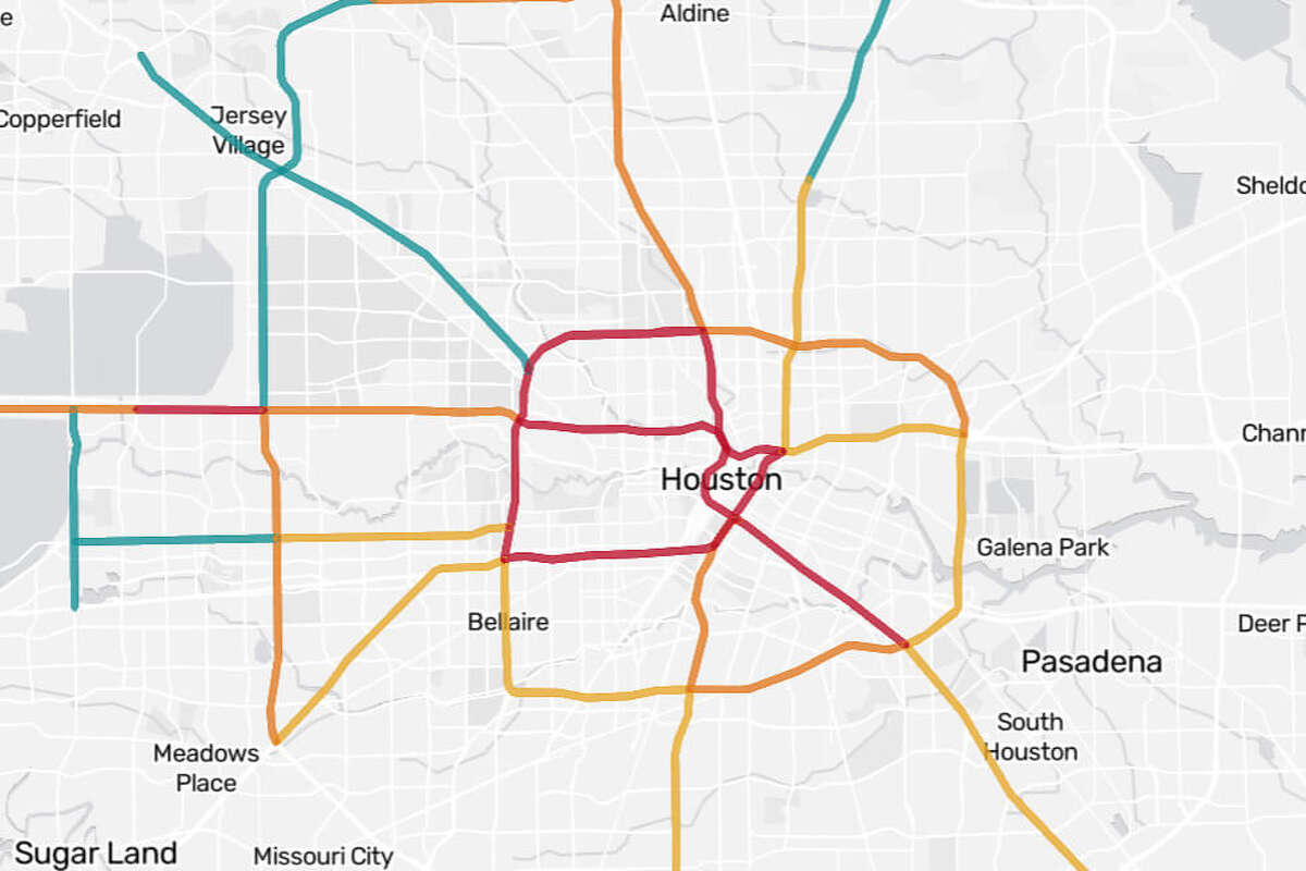 This map shows the most congested roads and highways in the Houston area.