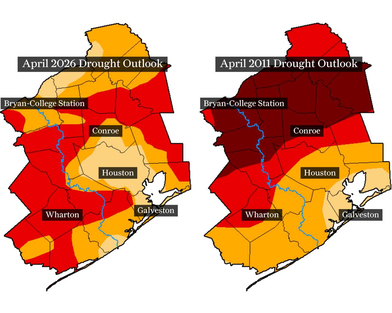 Drought across Southeast Texas in early April 2026 (left) compared to early April 2011 (right). Exceptional drought covered nearly 40% of the region in 2011.