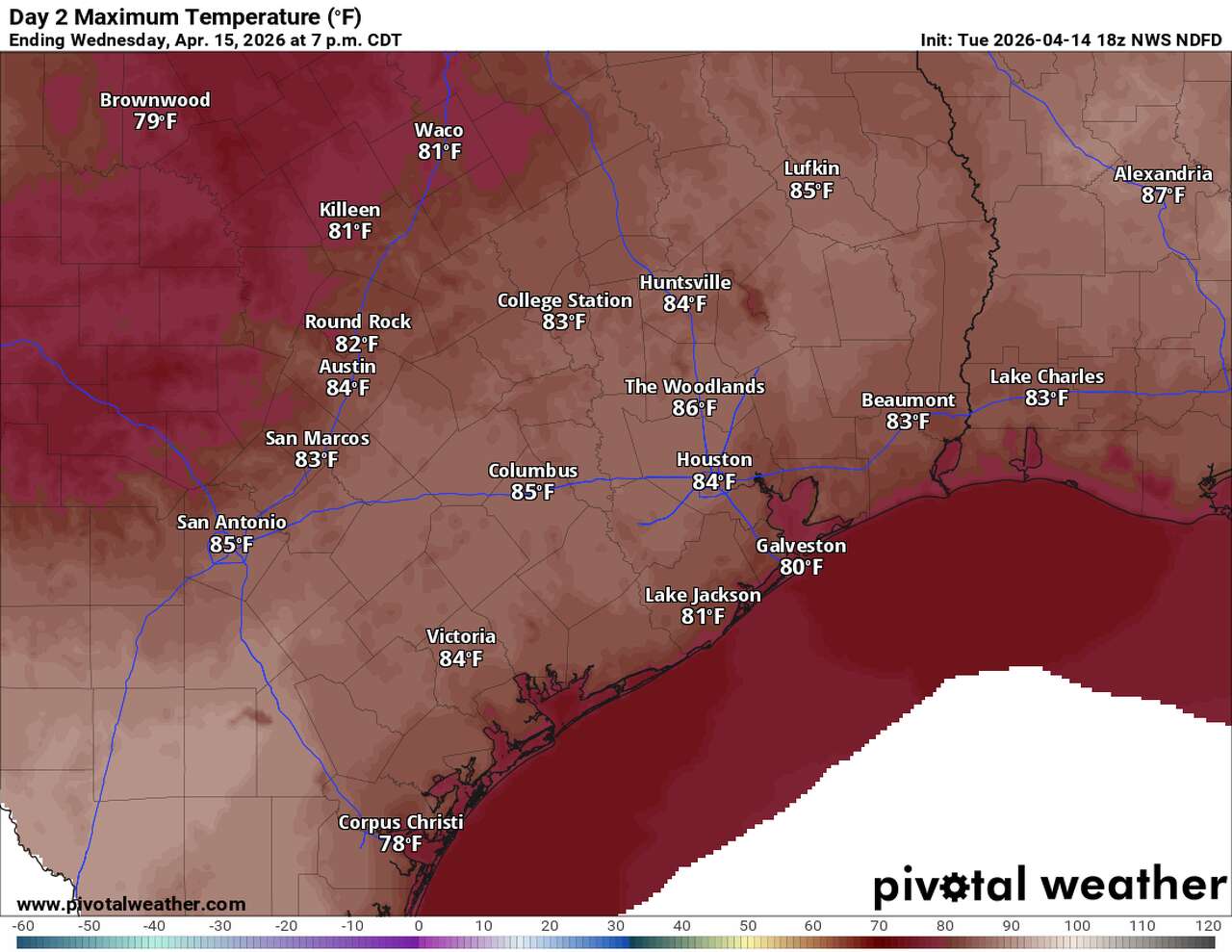 Forecast highs across Southeast Texas are shown Wednesday. Most neighborhoods peak in the mid-80s, with highs Thursday reaching into the upper 80s.