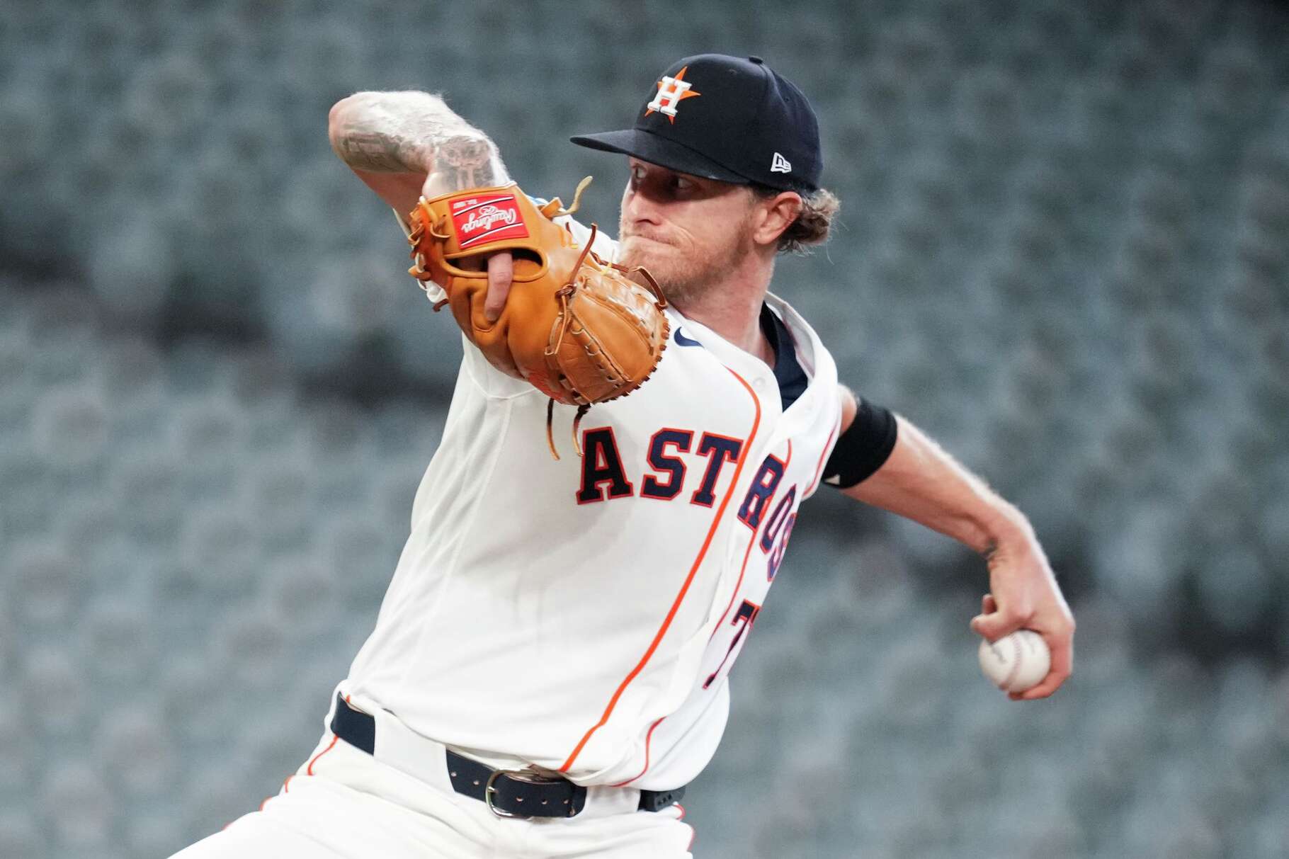 Houston Astros pitcher Josh Hader delivers a pitch during a live batting practice session before an MLB baseball game at Daikin Park, Tuesday, April 14, 2026, in Houston.