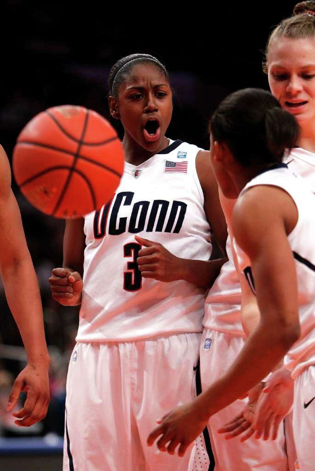 NEW YORK - DECEMBER 19: Tiffany Hayes #3 of the Connecticut Huskies reacts against the Ohio State Buckeyes in the Maggie Dixon Classic at Madison Square Garden on December 19, 2010 in New York City. (Photo by Jeff Zelevansky/Getty Images) *** Local Caption *** Tiffany Hayes