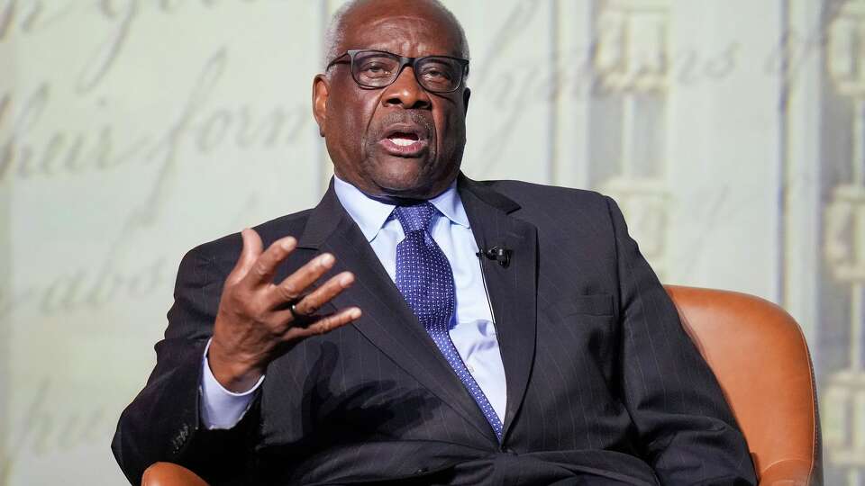 U.S. Supreme Court Justice Clarence Thomas answers questions after his special lecture celebrating the 250th anniversary of the signing of the Declaration of Independence at Hogg Memorial Auditorium at the University of Texas on Wednesday, April 15, 2026.