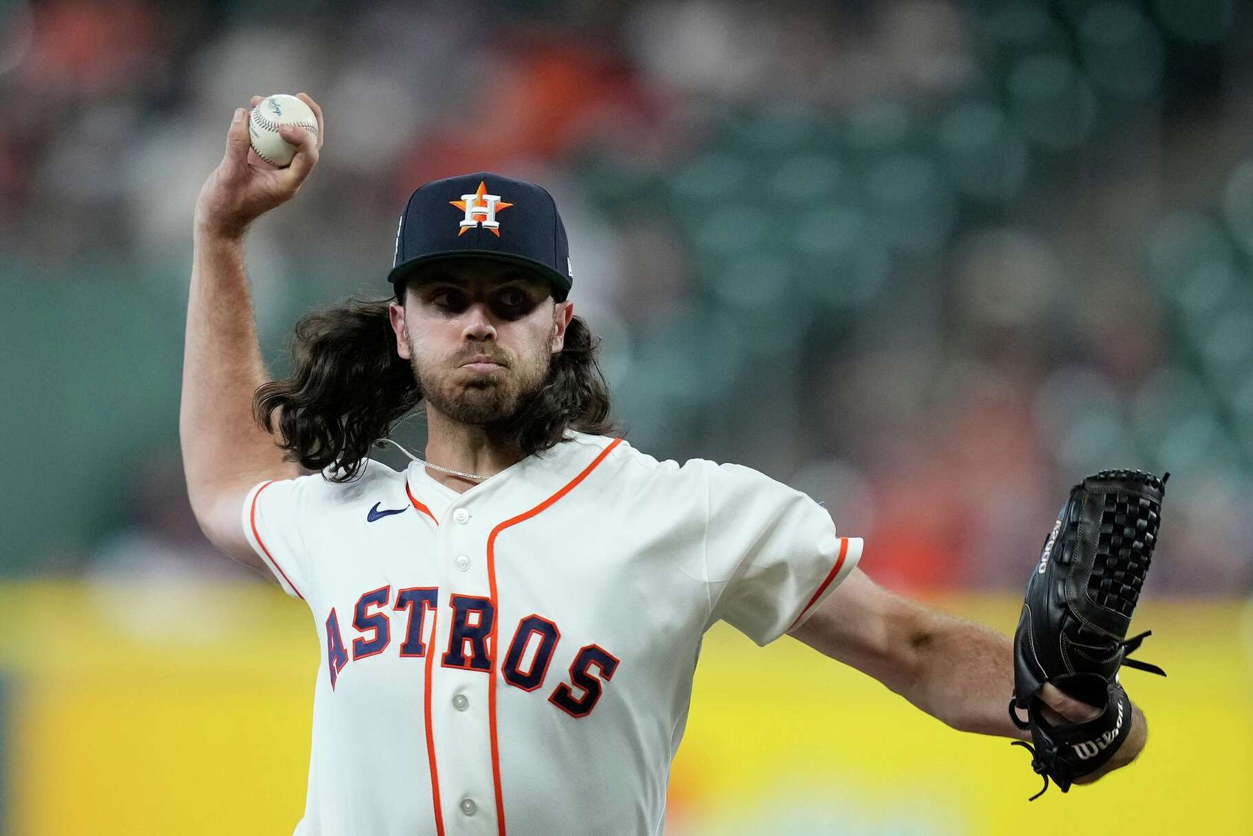 Houston Astros pitcher Spencer Arrighetti delivers during the first inning of a baseball game against the Colorado Rockies, Wednesday, April 15, 2026, in Houston. (AP Photo/Kevin M. Cox)