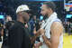 Los Angeles Clippers guard Chris Paul, left, talks with Golden State Warriors guard Stephen Curry after an NBA preseason basketball game in San Francisco, Friday, Oct. 17, 2025.