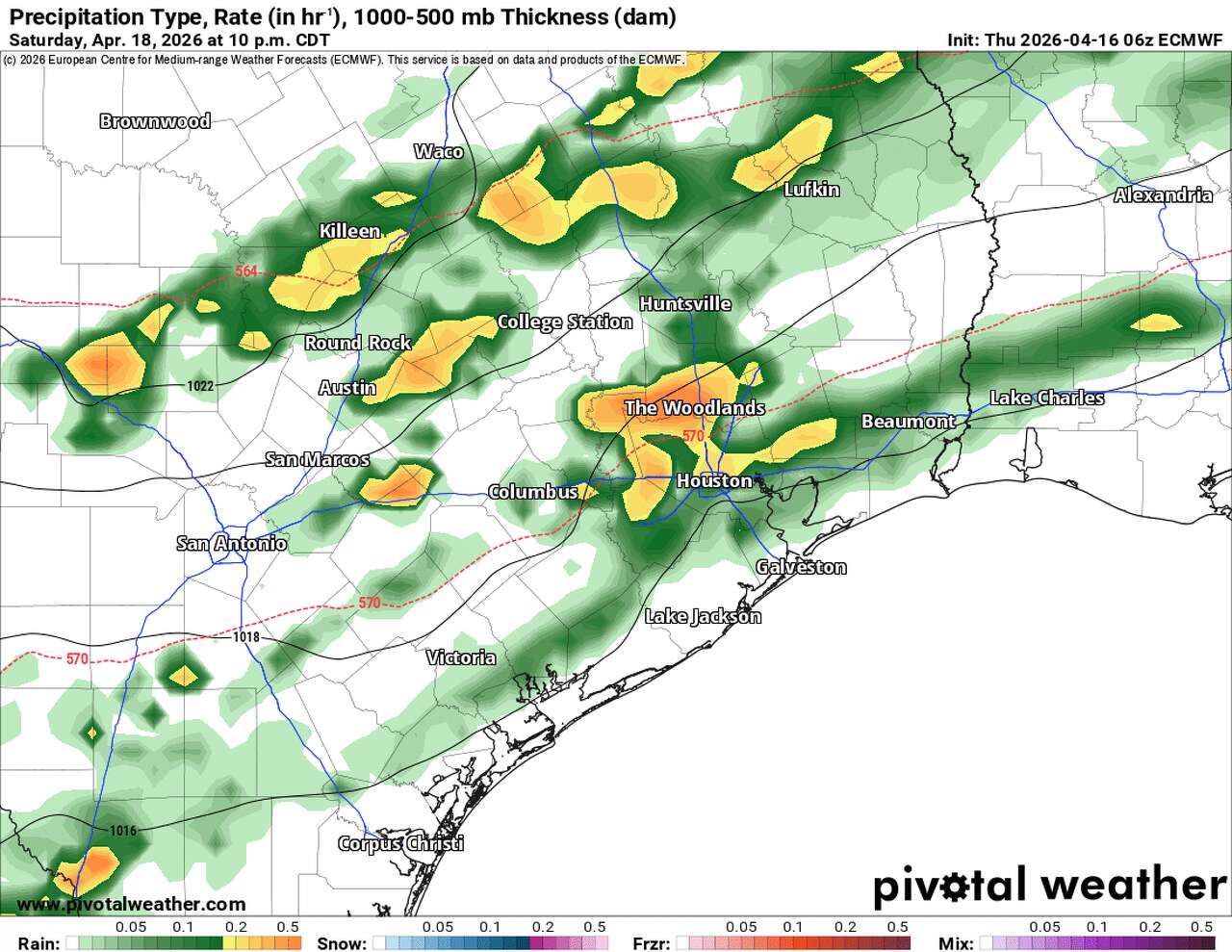 This map shows how Saturday's radar could look at 10 p.m. as a broken line of storms associated with the next cold front approaches the region.