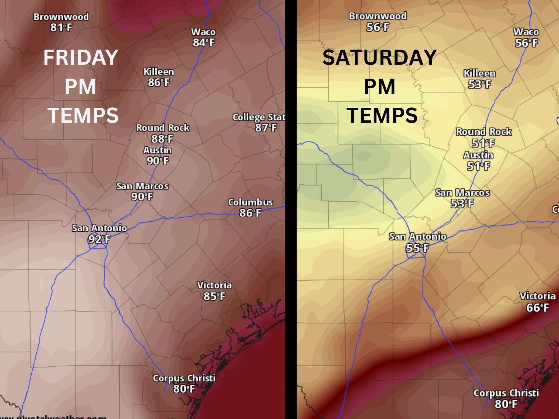 Big temperature drop headed to Austin. What's the timing of the front?
