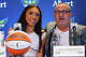 Dallas Wings guard Azzi Fudd, the No. 1 overall pick in the WNBA basketball draft, smiles as head coach Jose Fernandez embraces her during an introductory news conference, Thursday, April 16, 2026, in Dallas. (AP Photo/LM Otero)