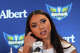 Dallas Wings guard Azzi Fudd, the No. 1 overall pick in the WNBA basketball draft, listens to a question during an introductory news conference, Thursday, April 16, 2026, in Dallas. (AP Photo/LM Otero)